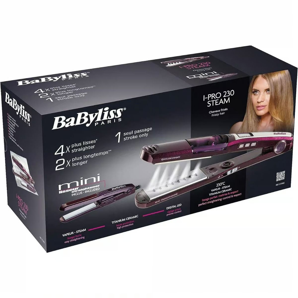 مجفف شعر بيبى ليس، 2000 وات، 2 إعداد لدرجة الحرارة، أسود – 5910E مع مكواة فرد الشعر بالبخار بيبي ليس اي برو 230، مع مكواة فرد الشعر ميني، 170 إلى 230 د رجة، ارجواني - ST396ALE 