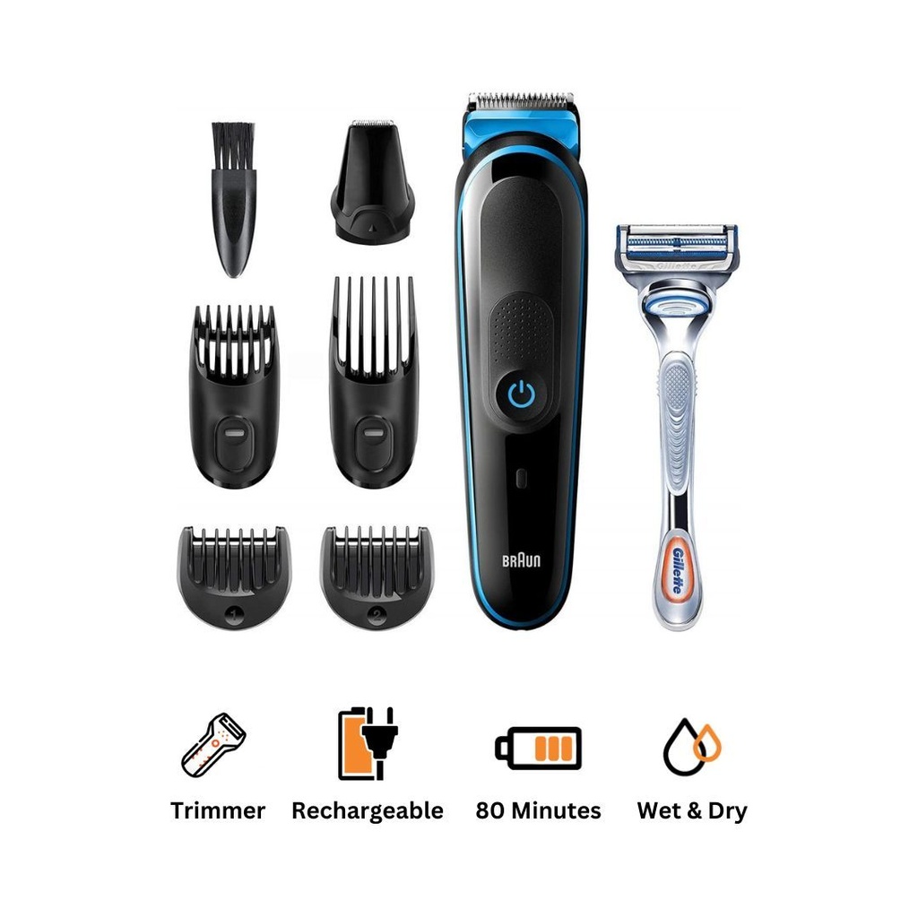 ماكينة تشذيب الشعر الكل في واحد براون مع ماكينة حلاقة جيليت للرجال، اسود/ أزرق - MGK3242 