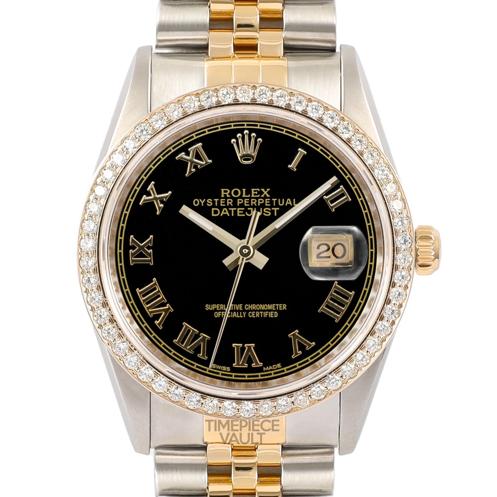 ROLEX DATEJUST GOLD & STEEL  WATCH BLACK ROMAN DIAL DIAMOND BEZEL-85