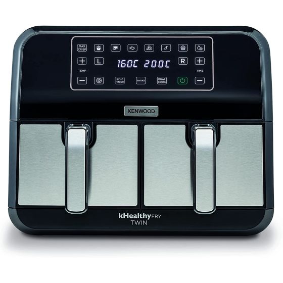 قلاية بدون زيت ديجيتال مزدوجة كينوود XXXL، سعة 8 لتر، اسود وفضي - HFM75.000MB بدون ضمان 