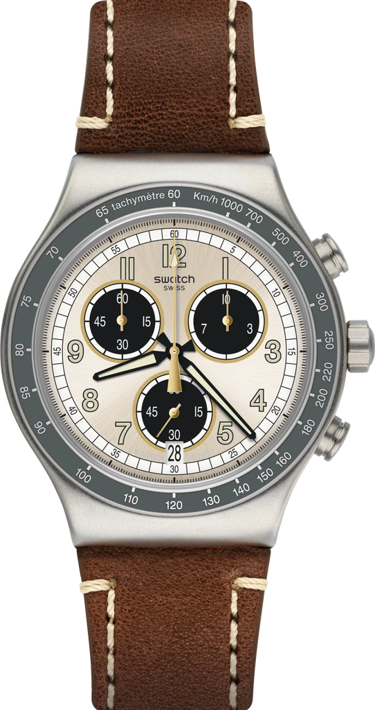 YVS455 ساعة سواتش جلد بني مينا أبيض