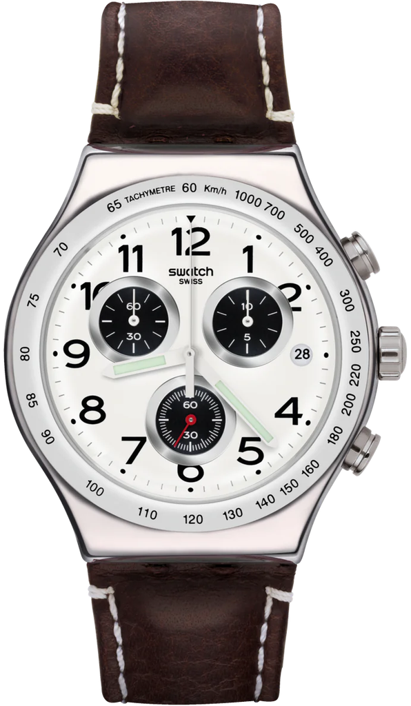 YVS432 ساعة سواتش جلد بني مينا أبيض رجالي