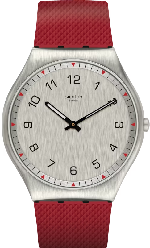 ساعة سواتش رابر أحمر مينا فضي رجالي