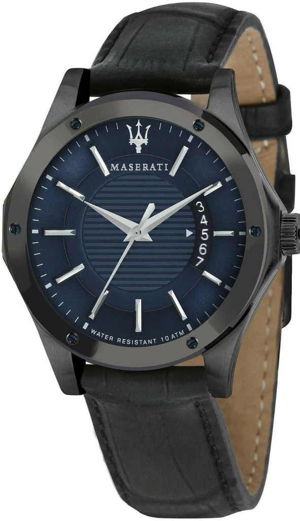 8851127002 black leather blue dail silver case رجالي