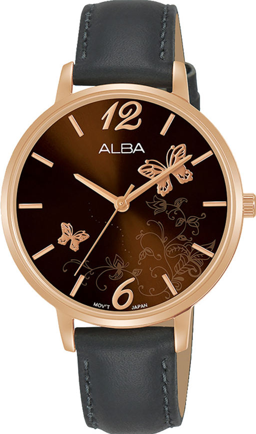 AH8780X1 Alba Fashion Leather Band Butterfly-Dial Analog Watch for Women - Black and Rose Goldحريمي