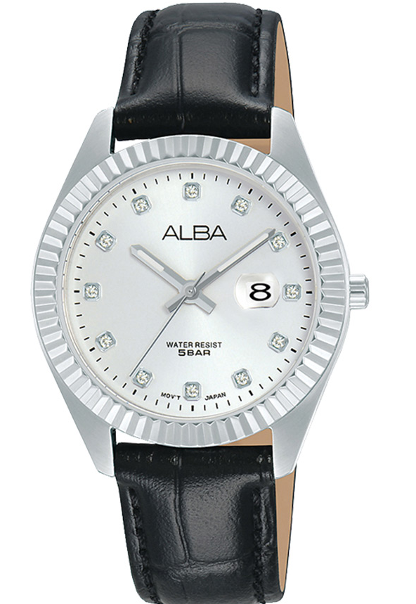 AH7T57X1 Alba Prestige Crocodile Embossed Leather Band Analog Watch for Women - Black and Silverحريمي