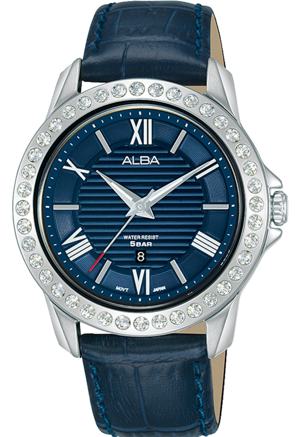 AH7V79X1 Alba Prestige Crocodile Embossed Leather Band Analog Watch for Women - Navyحريمي