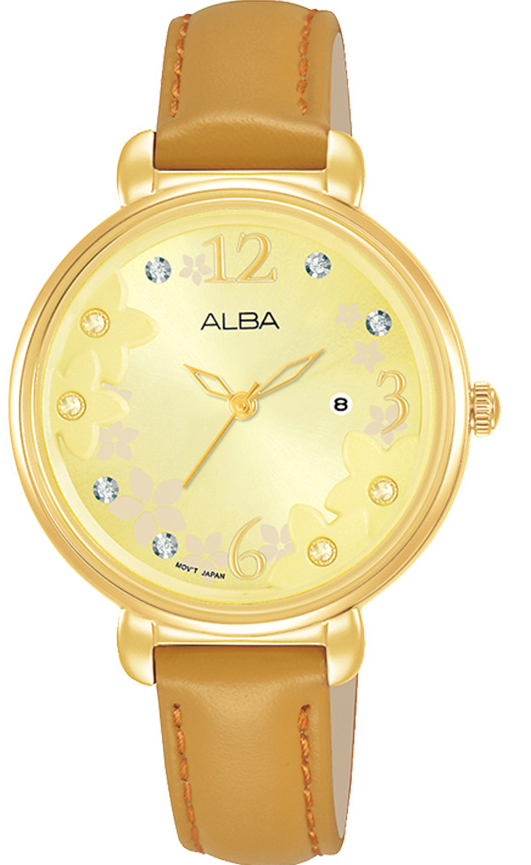 AH7W04X1 Alba Fashion Leather Band Floral Dial Analog Watch for Women - Camel and Rose Goldحريمي