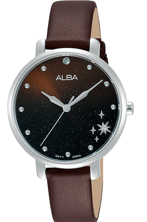 AH8701X1 Alba Fashion Leather Band Celestial-Dial Analog Watch for Women - Brownحريمي