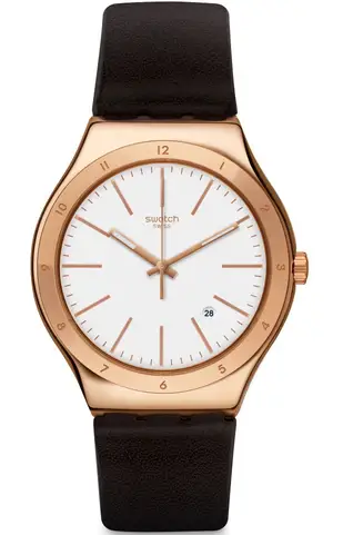 ساعة سواتش جلد بني مينا ابيض حريمي