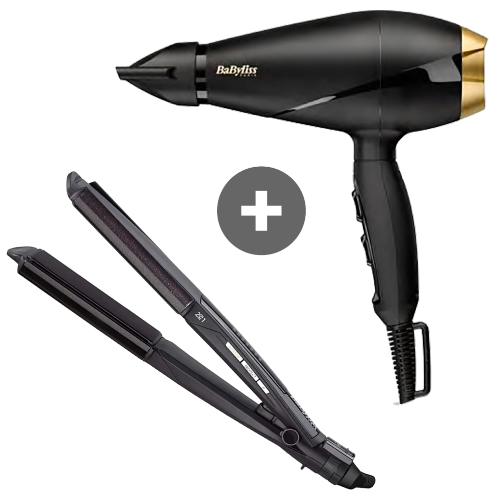 مجفف شعر بيبي ليس باور برو 2000، قوة 2000 وات - 6704E مع مكواة فرد وتمويج الشعر بيبي ليس للشعر الجاف والمبلل - ST330E 