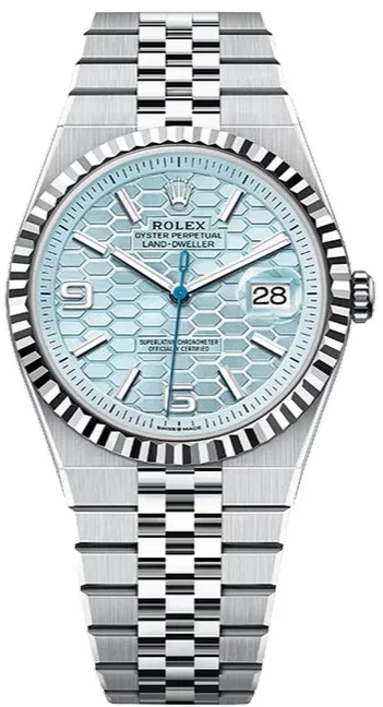 Rolex Land-Dweller featuring an ice-blue dial with a honeycomb pattern and a platinum Jubilee bracelet-93