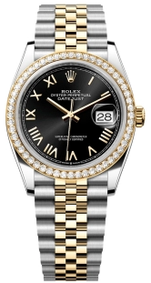 ROLEX DATEJUST GOLD & STEEL  WATCH BLACK ROMAN DIAL DIAMOND BEZEL-85