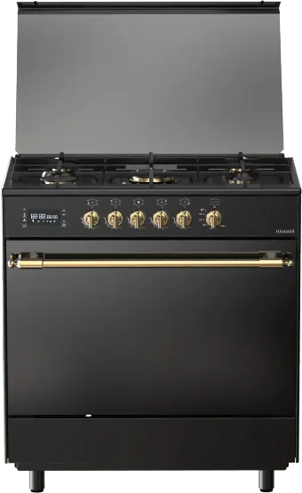 بوتاجاز فريش هامر روستيك، بوتاجاز 5 شعله، 90×60 سم، شاشة تاتش ديجيتال، مروحة تبريد، أمان كامل، أسود