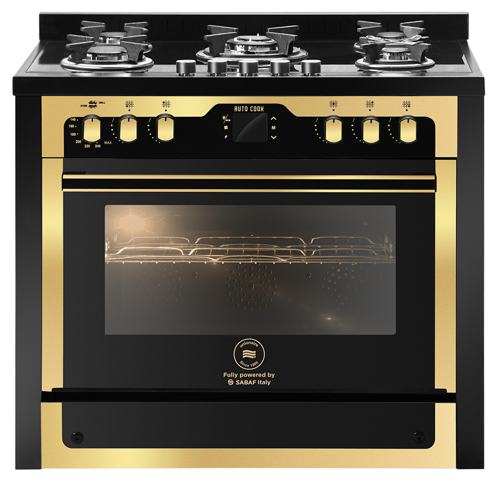 بوتاجاز يونيون اير اى شيف جولدن ايديشن، بوتجاز 5 شعله، 60*90 سم، حوامل زهر، اوتو كوك، شاشة ديجيتال، مروحة فرن، أسود * ذهبي، C69GB-1GC-383-ICPS2F-PC-2W-AL