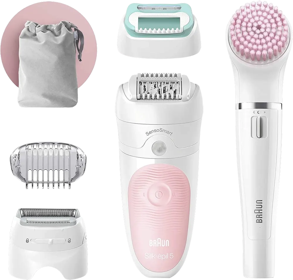 ماكينة إزالة الشعر براون Silk-épil Beauty Set 5، استخدام لاسلكي 30 دقيقة، استخدام رطب وجاف، سرعتين، أبيض x بينك، SE5-875