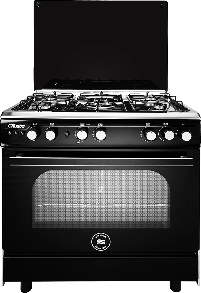 بوتاجاز يونيون اير جوستو ، مقاس 80x60 سم ، 5 شعلة ، شواية - مروحة فرن ، نصف امان ، أسود ، C68SSB-DC-443-SOF-GU-AL
