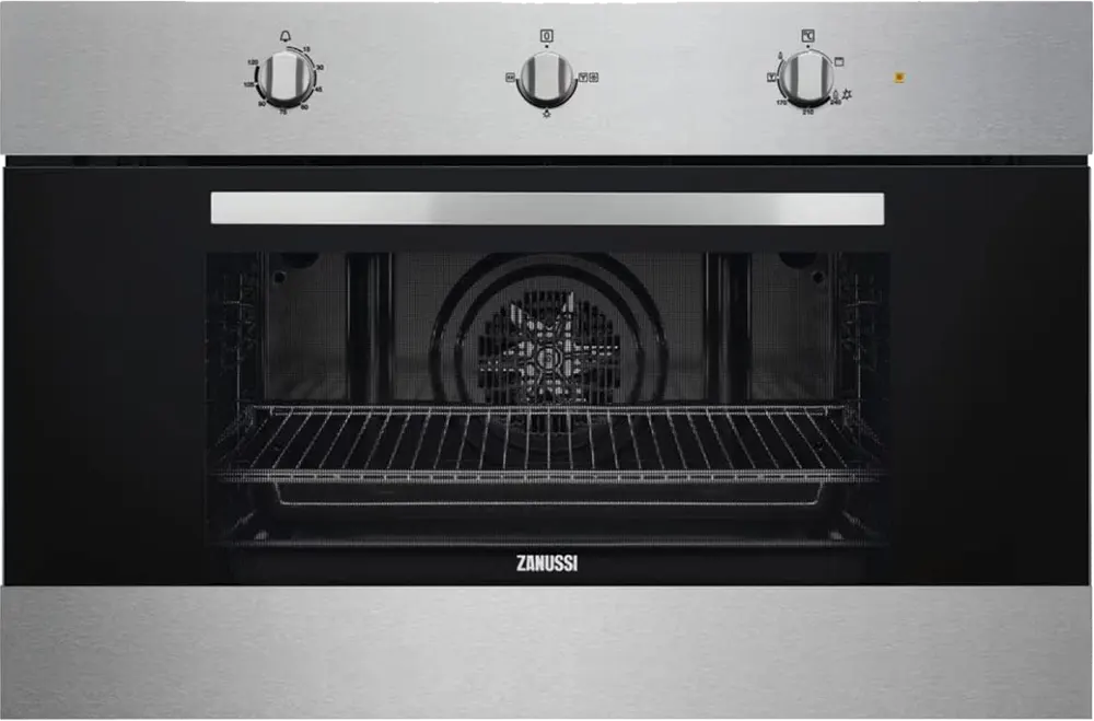 فرن بلت ان زانوسي، 90 سم، 74 لتر، غاز، امان كامل، 2 مروحة، شواية، أسود×فضي ،ZOG9991X
