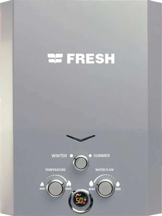 سخان مياه غاز انبوبة فريش سبا، 6 لتر، بالأدابتر، شاشة ديجيتال، سيلفر، 21491
