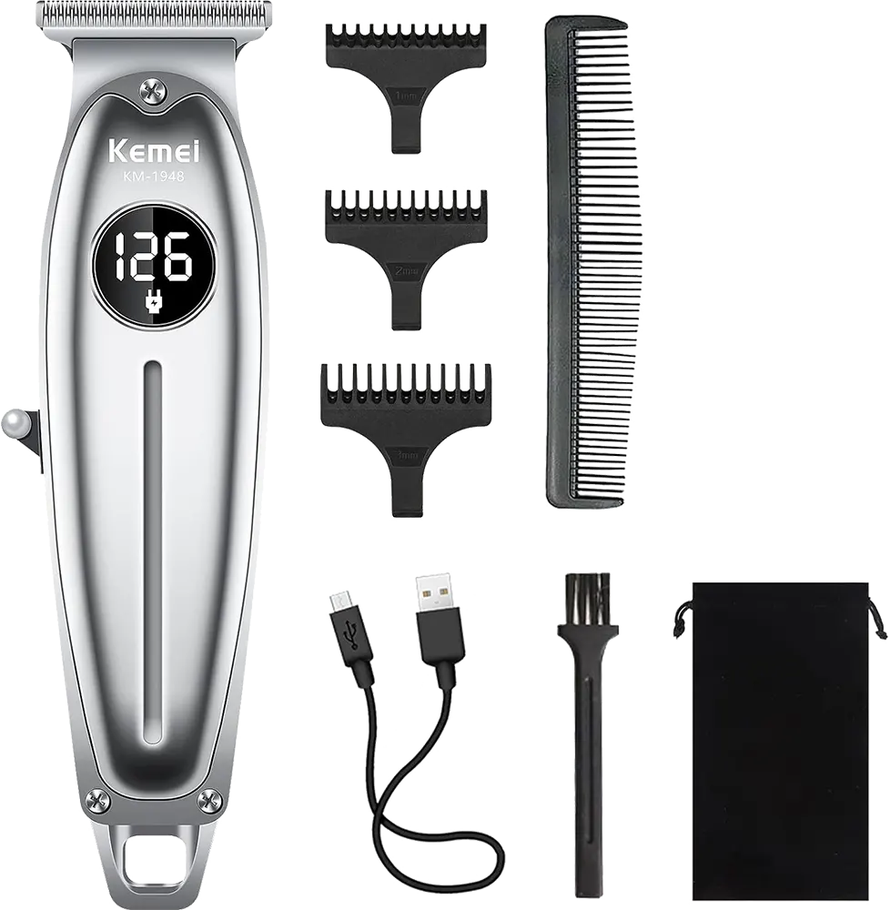 ماكينة حلاقة شعر للرجال كيمي قابلة للشحن، شاشة LCD، فضي، KM-1948
