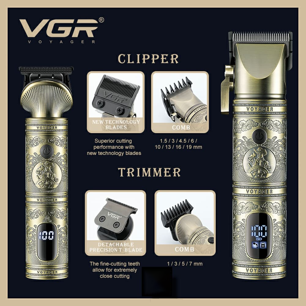 ماكينة حلاقة كهرباء في جي أر للرجال ، 2 *1 لقص الشعر والدقن ، شاشة LED ، قابلة لإعادة الشحن ، ذهبي ، V-670

