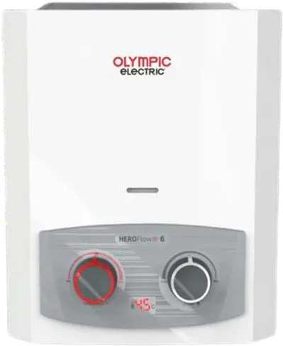 [سخان مياه غاز أولمبيك هيرو فلو 6 لتر غاز، شاشة ديجيتال، ادابتور، بدون مدخنة، أبيض] سخان مياه غاز أولمبيك هيرو فلو 6 لتر غاز، شاشة ديجيتال، ادابتور، بدون مدخنة، أبيض