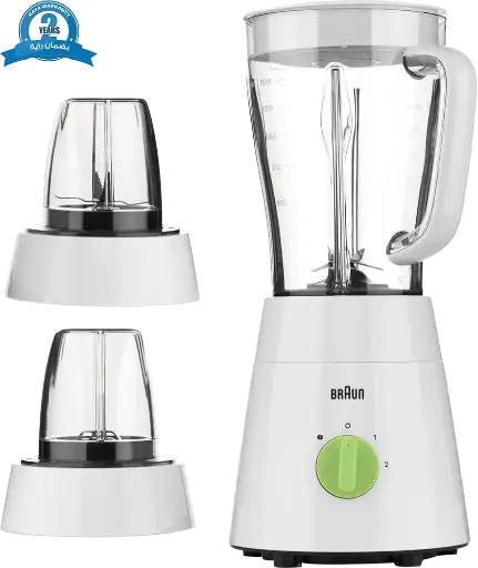 [خلاط كهربائي براون 500 وات، 1.5 لتر، 2 مطحنة، ابيض، JB0123WH] خلاط كهربائي براون 500 وات، 1.5 لتر، 2 مطحنة، ابيض، JB0123WH