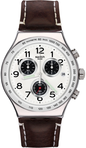 [YVS432] YVS432 ساعة سواتش جلد بني مينا أبيض رجالي