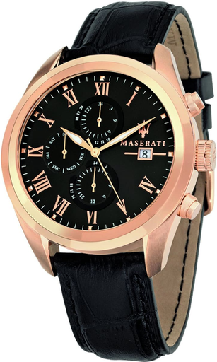 [8871612002] black leather black dail rosegold case