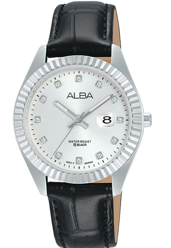 [AH7T57X1] AH7T57X1 Alba Prestige Crocodile Embossed Leather Band Analog Watch for Women - Black and Silverحريمي