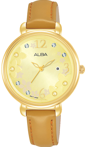 [AH7W04X1] AH7W04X1 Alba Fashion Leather Band Floral Dial Analog Watch for Women - Camel and Rose Goldحريمي