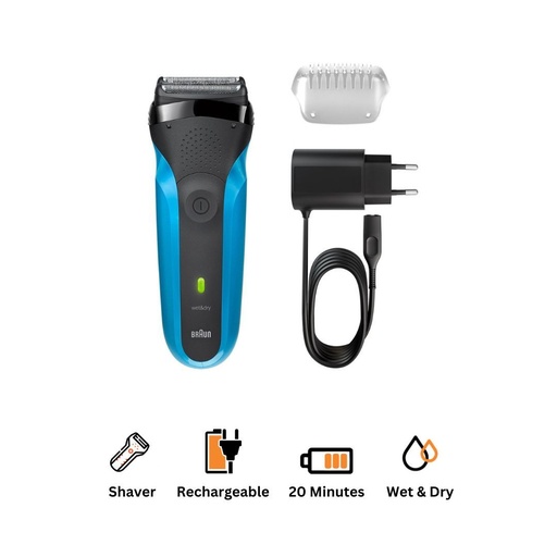 [ماكينة حلاقة للرجال براون سيريز 3 للاستخدام الجاف والرطب، ازرق/اسود - 310S] ماكينة حلاقة للرجال براون سيريز 3 للاستخدام الجاف والرطب، ازرق/اسود - 310S 