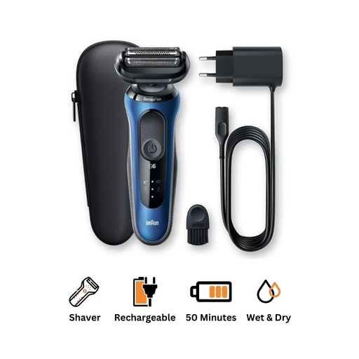 [ماكينة حلاقة براون Series 6 SensoFlex للاستعمال الجاف والرطب، اسود/ازرق - 60-B1000s] ماكينة حلاقة براون Series 6 SensoFlex للاستعمال الجاف والرطب، اسود/ازرق - 60-B1000s 