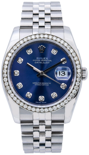 [Rolex Datejust diamond bezel watch in stainless steel featuring a blue-97]  Rolex Datejust diamond bezel watch in stainless steel featuring a blue-97